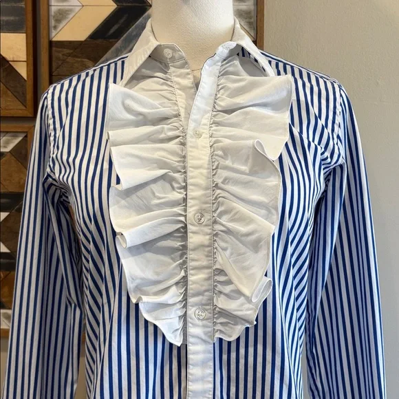 Ralph Lauren Vintage Blue and White Striped Button Up Ruffle Blouse size 4 - Picture 3 of 12